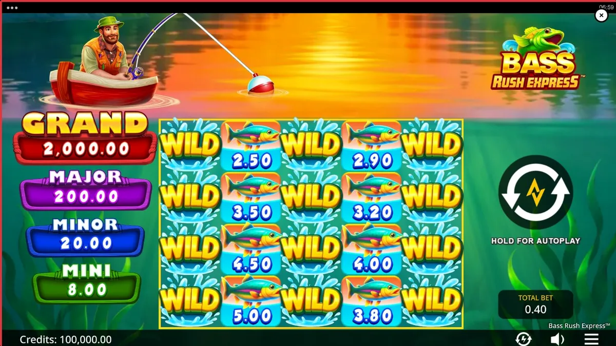 Bass Rush Express slot game interface showing the fisherman and fishing gear on a serene lake background.
